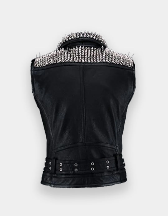 VEST JACKET HANDMADE Men Black Punk Silver Long Spiked Studded Leather Buttons Up Vest Silver Studs and Spikes Black Leather Made to Orders Studs Spike